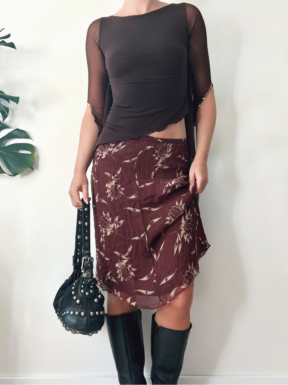 2006 Vintage Club Monaco | 100% Silk Burgundy Floral Midi Skirt